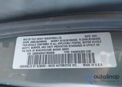 2002 Subaru Outback z USA, uszkodzony, nr VIN 4S3BH665227600830